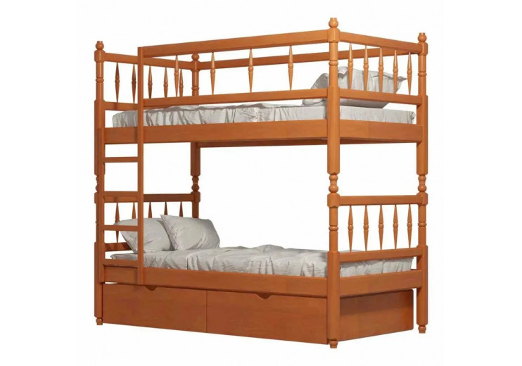 Кровать двухярусная №2 из массива (точенка)(цвет вишня)